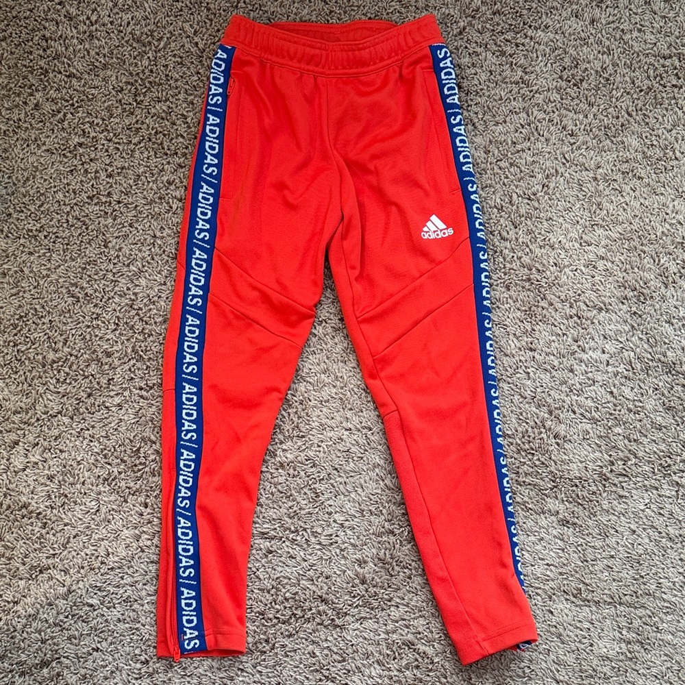 Adidas Kids Red Joggers with Blue Stripes